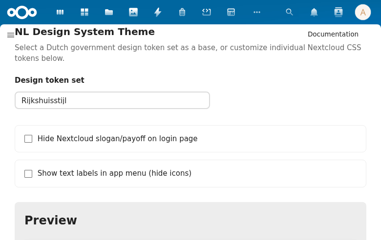Display option checkboxes: Hide Nextcloud slogan/payoff on login page, Show text labels in app menu