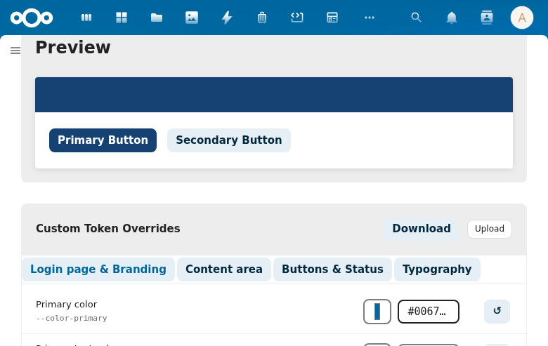 Preview section showing Primary Button and Secondary Button styled in the selected organisation's brand colours