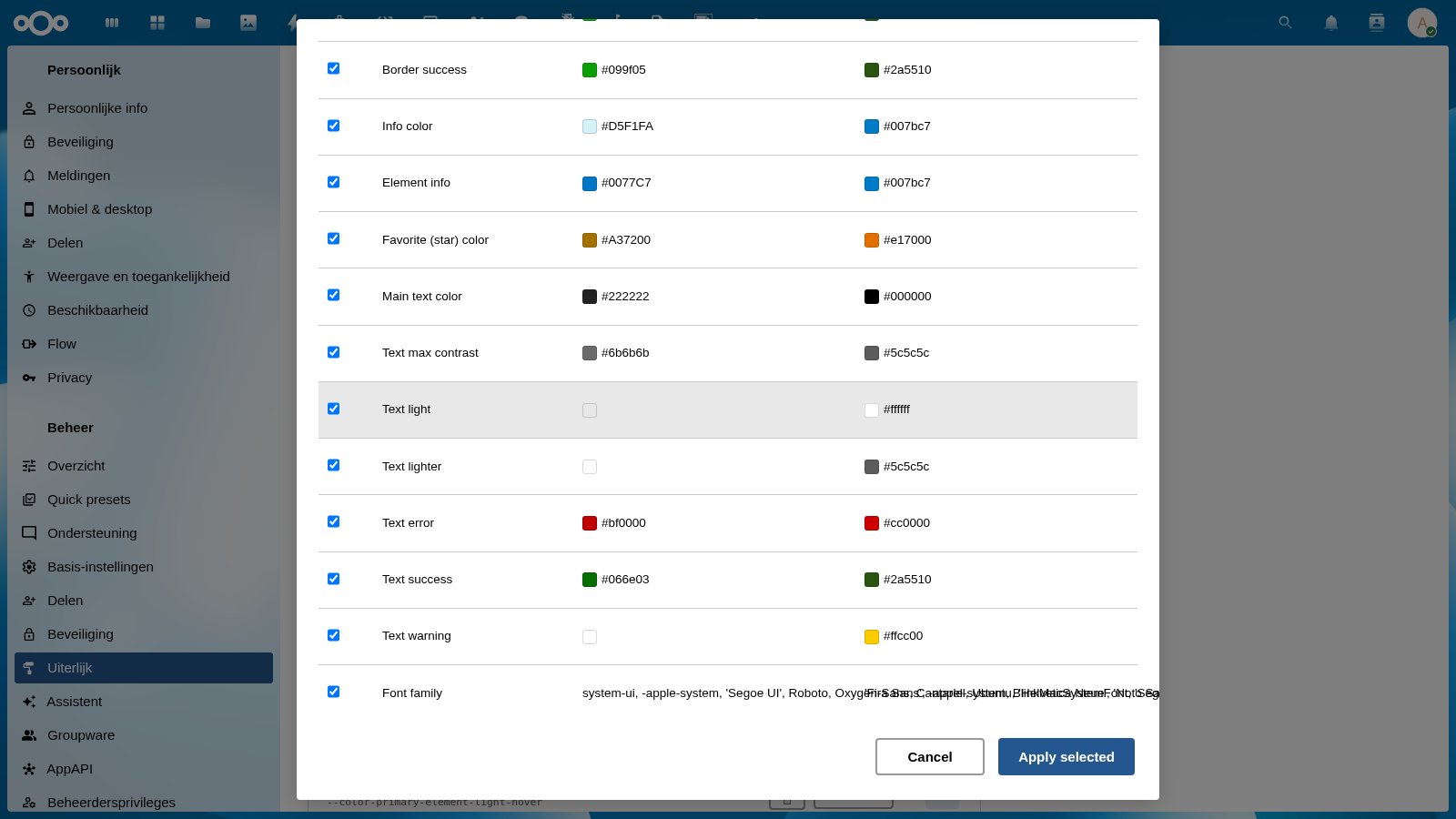Apply token set dialog bottom showing the Cancel and Apply selected buttons