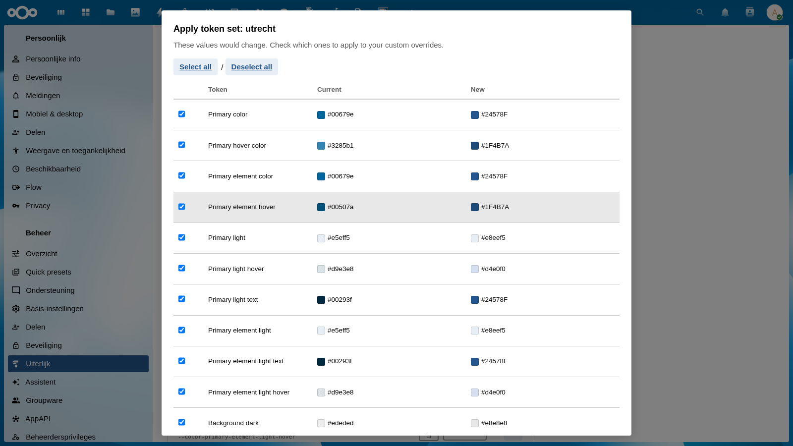 Apply token set dialog showing the title, description, Select all / Deselect all buttons, and the token comparison table with Token, Current, and New columns