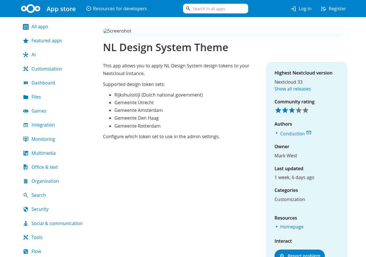 Thematiq listing in the Nextcloud App Store, showing the app description and supported token sets