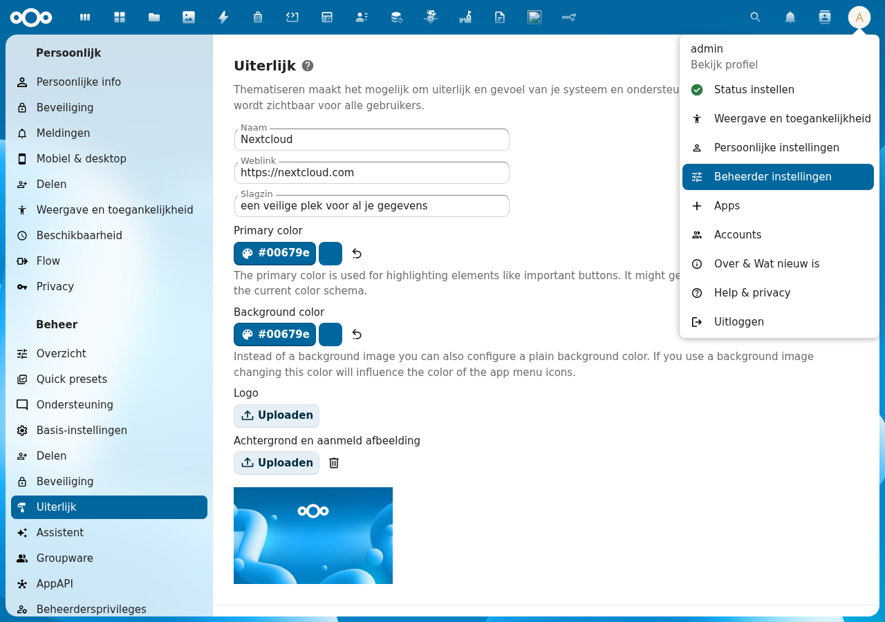 Nextcloud avatar menu showing the Apps option alongside Administration settings and other menu items