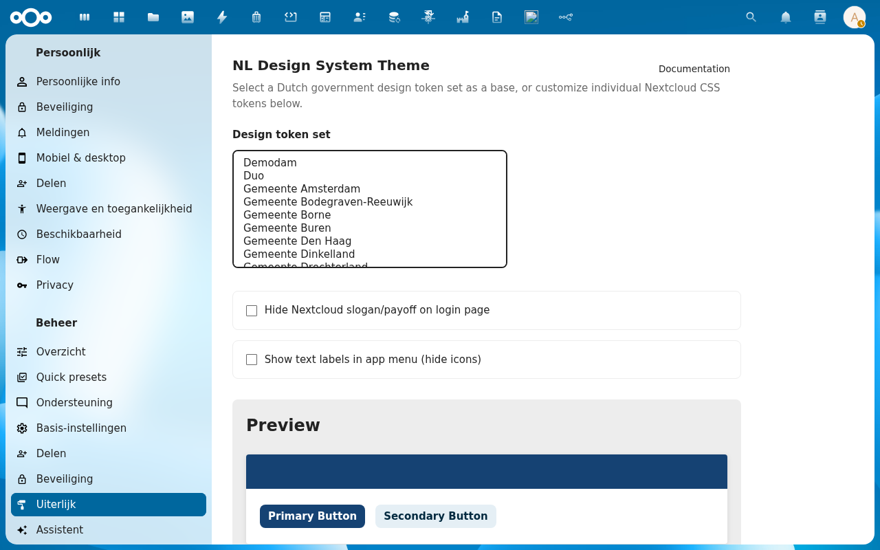 The Design token set dropdown open, showing a list of Dutch municipalities including Gemeente Amsterdam, Gemeente Den Haag, and others