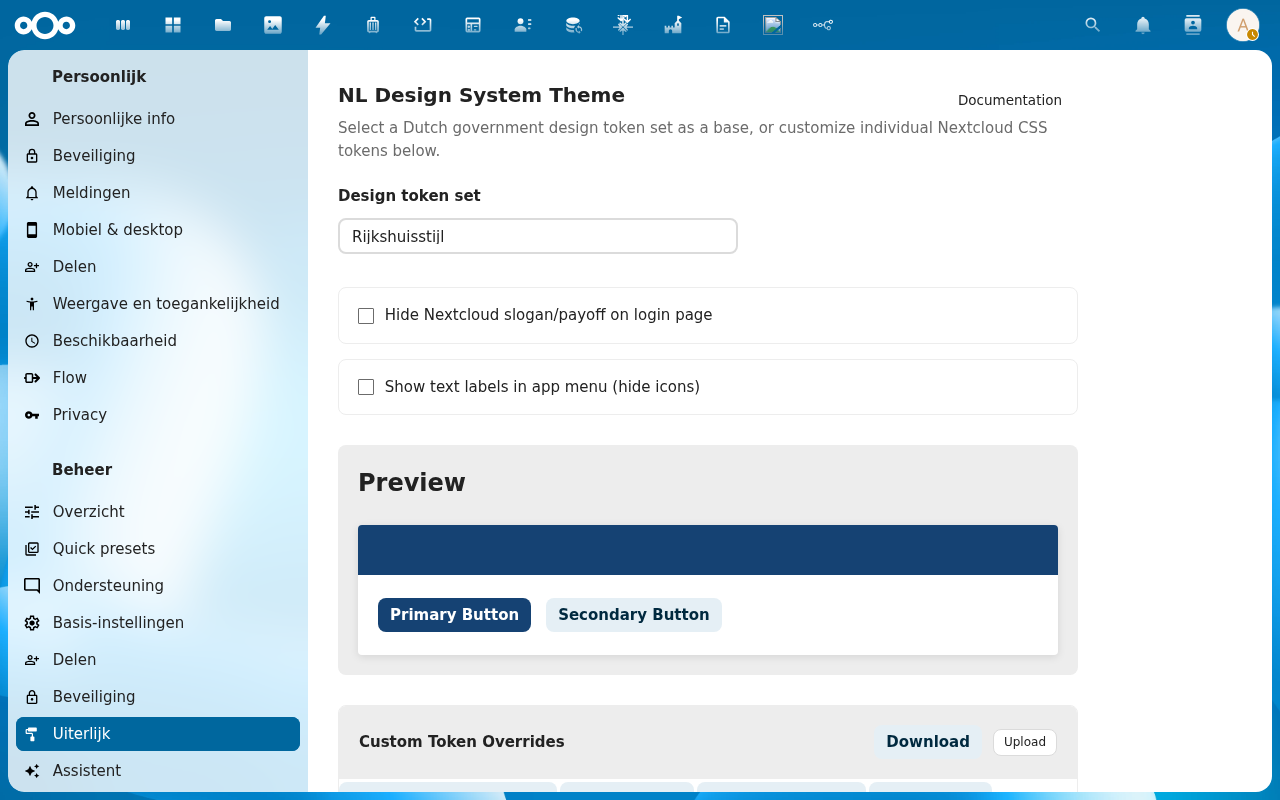 The Thematiq admin settings panel, showing the Design token set dropdown and the Preview section with styled buttons