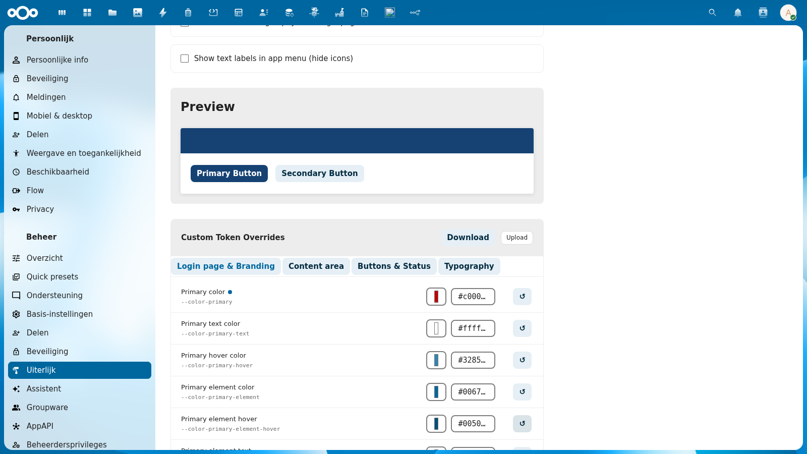 Custom Token Overrides section showing tabs and the Download/Upload import-export buttons