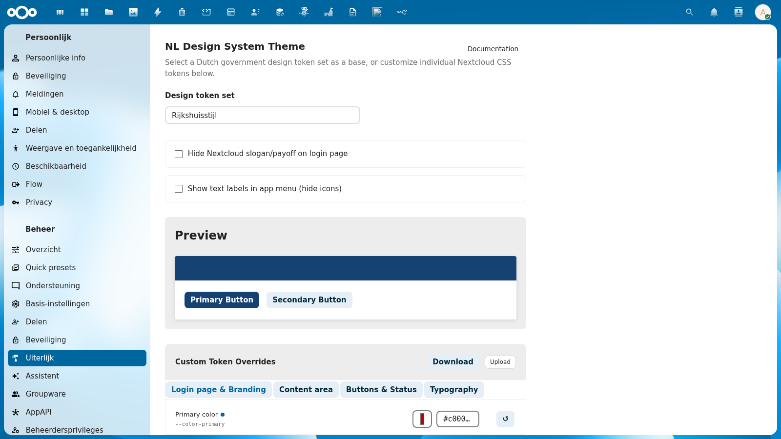 NL Design System Theme admin panel showing the token set dropdown, display option checkboxes, and preview section