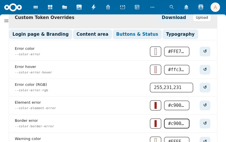 Buttons & Status tab showing error, warning, success, and info color tokens