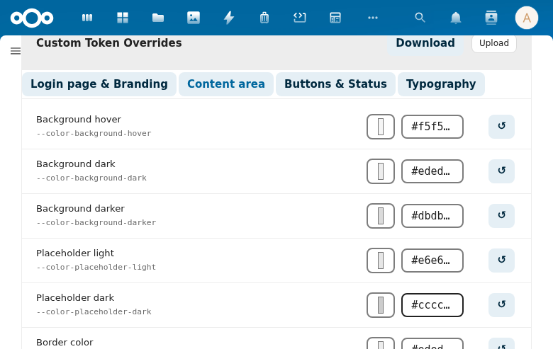 Content area tab showing background and border color tokens