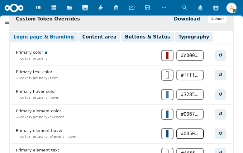 Primary color row showing the "Custom value" badge dot next to the token name