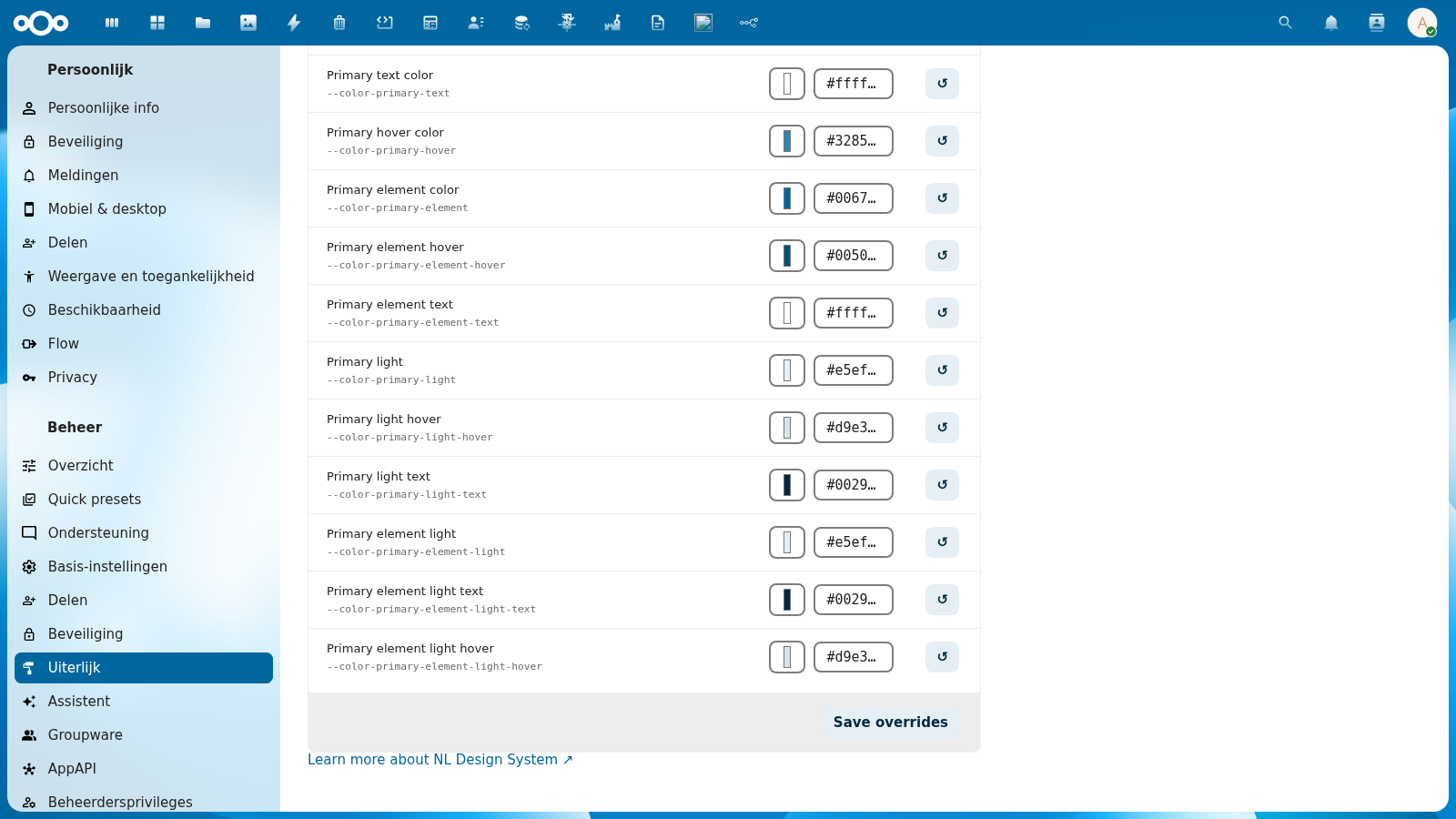 Token editor bottom showing multiple token rows and the Save overrides button