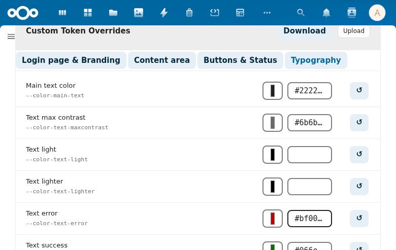 Typography tab showing text color tokens and font family input